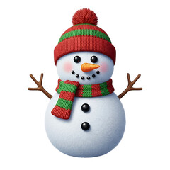 A charming and fluffy snow character, a snowman with a knitted red and green striped hat and scarf, and twig arms.