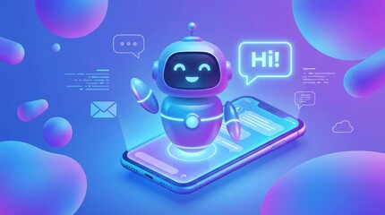 Cute robot emerging from a smartphone with chat bubbles and abstract shapes in neon blue and pink chatbot