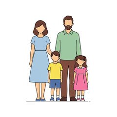 Obraz premium Vector illustration depicting a modern nuclear family with parents and their two young children, a boy and a girl, standing united, conveying warmth and togetherness in a clean line art style