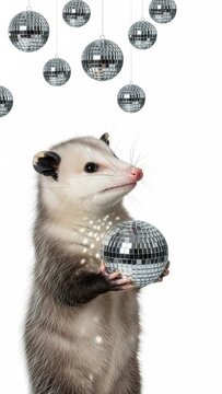 opossum with a mirrored disco ball, party celebration, on a white background, party animal photo
