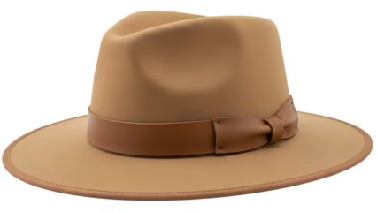 Tan fedora hat with leather band isolated on a transparent background