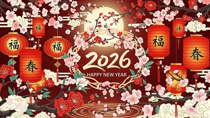 Chinese new year 2026 celebration with red lanterns and cherry blossoms on dark background with golden accents
