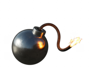 Bomb with a lit fuse explosive fire isolated on a transparent background