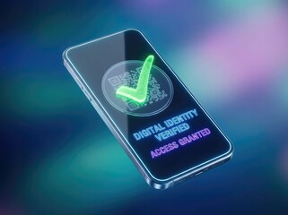 Smartphone displaying digital identity verification with QR code and checkmark mobile phone verified
