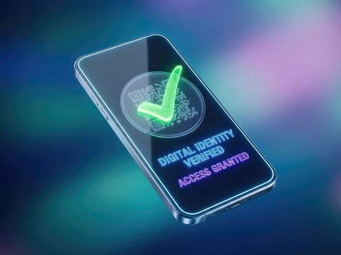 Smartphone displaying digital identity verification with QR code and checkmark mobile phone verified - Powered by Adobe