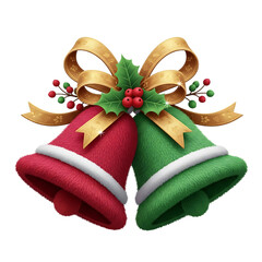 Two festive Christmas bells, one red and one green, hanging together with a golden ribbon and holly accents, jingling joyfully.
