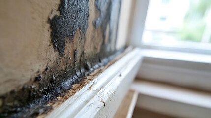 A wall damaged by moisture, featuring black mold growth. The mold creeps up the wall from the baseboard, indicating a potential water leak or dampness issue. Time to call an expert!