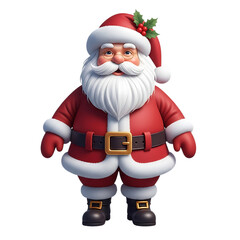 A classic, round-faced Santa Claus in his full red suit, sporting a golden belt and a kind smile, ready to spread holiday cheer.
