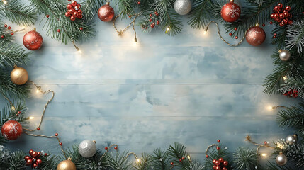 Rustic Blue Wood Table with Christmas Garland and Lights Frame