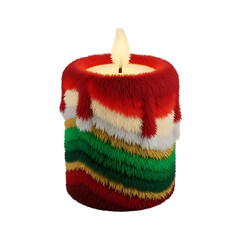 Festive Christmas Candle with Red, Green, and Gold Stripes, Dripping Wax and Glowing Flame