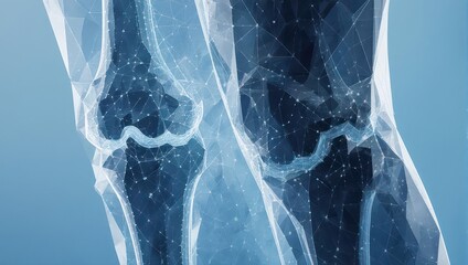 Close-up of a digital illustration of human knees, emphasizing bone structure with a translucent, geometric design