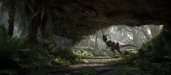A prehistoric scene depicts a dinosaur under a rocky overhang, amidst lush greenery