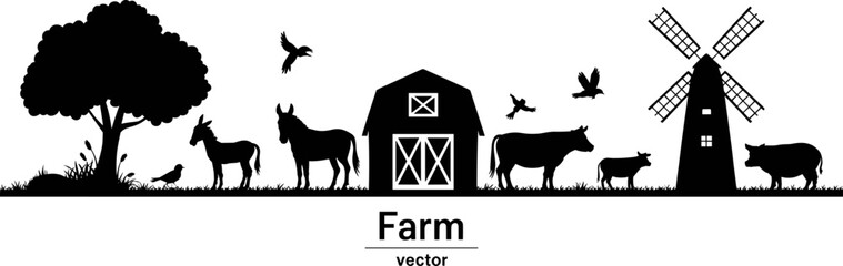 Black Silhouette Vector of a Rural Farm Landscape Featuring Barn Animals Windmill and Trees Isolated on a Plain White Background