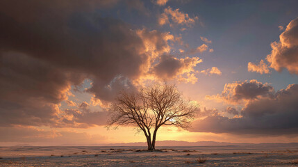 A solitary tree silhouetted against a dramatic sunset sky, a serene and picturesque moment. The tree stands alone, its branches reaching upwards