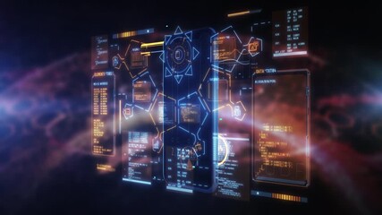 Futuristic smartphone displaying digital data processing interface - Powered by Adobe