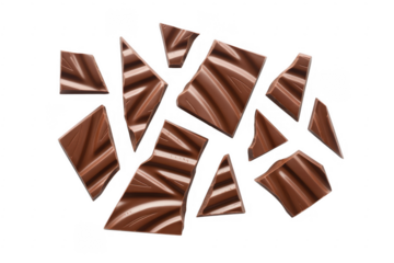 Broken chocolate pieces fragments isolated on a transparent background