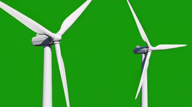 White wind turbines rotating against green screen background