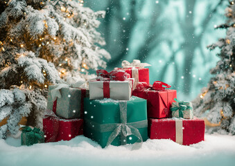 AI generator image of  Christmas is an important Christian religious festival. Many gifts are laid out on the snow, covered with sparkling golden lights that resemble stars or snowflakes illuminated 