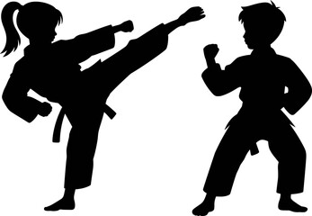 Black Silhouette Vector of a Young Boy and Girl Practicing Martial Arts Karate Kicking and Punching Exercise on White Background