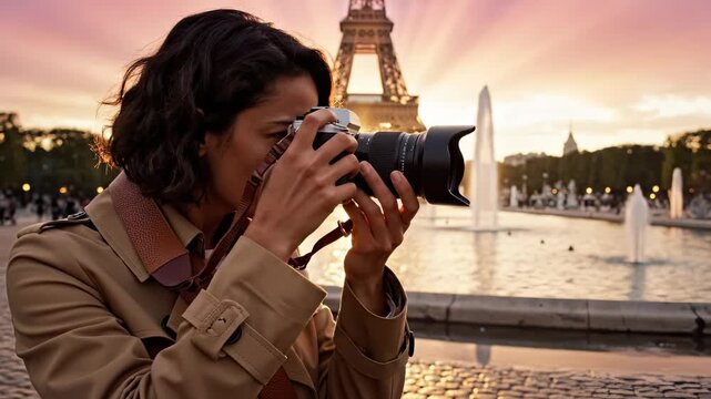 Woman photographer shoots Eiffel Tower at sunset near fountain. Tourist takes travel pictures in Paris. Woman photographs Tower landmark. Photographer captures Paris sunset with fountain view.