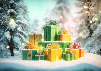 AI generator image of  Christmas is an important Christian religious festival. Many gifts are laid out on the snow, covered with sparkling golden lights that resemble stars or snowflakes illuminated 
