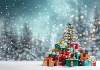 AI generator image of  Christmas is an important Christian religious festival. Many gifts are laid out on the snow, covered with sparkling golden lights that resemble stars or snowflakes illuminated 