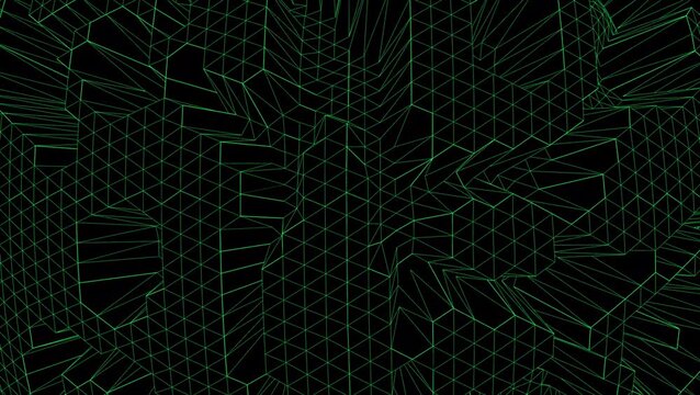 Abstract Green Wireframe 3D Mesh Landscape on Black Background 