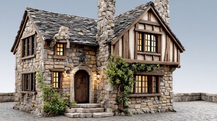 A small stone house with a large chimney and a porch. The house is surrounded by a garden with ivy growing on the side. The house has a cozy and rustic feel to it