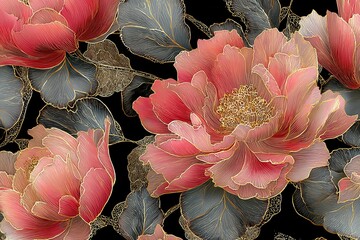 Elegant, chic hand-painted roses and peonies in soft pastel watercolor, sharp golden metallic outlines, elegant fashion textile design