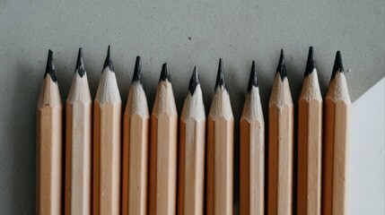 Natural wooden pencils arranged in neat row on gray background. Minimalist still life emphasizing simplicity, organization and classic writing tools