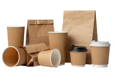 Brown paper cups and bags disposable isolated on a transparent background