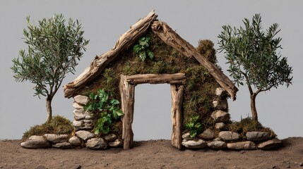 A small house made of wood and stone with a small garden in front of it. The house has a rustic and natural feel to it