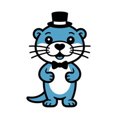 Fototapeta premium Cartoon Otter Wearing Top Hat and Bow Tie, Standing Upright with Smiling Face