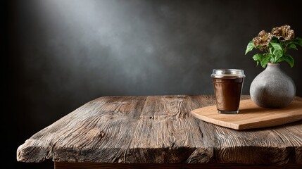 A wooden table with a vase of flowers and a cup of coffee. Scene is calm and relaxing, as the cup of coffee