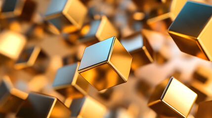 Golden metallic cubes floating in dynamic background create futuristic and abstract visual. reflective surfaces and warm tones add sense of luxury and modernity