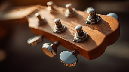 Close up of a wooden guitar headstock with tuning pegs.