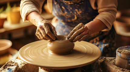 Potter skillfully shapes clay on spinning wheel, creating pottery piece in warm, natural setting. hands are covered in clay, showing tactile nature of craft