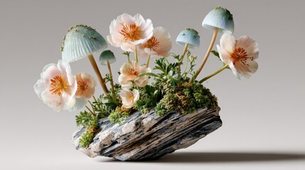 A flower arrangement with a rock in the middle. The flowers are pink and the rock is grey