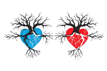 Vibrant illustration of two hearts, one blue and one red, intertwined with intricate tree branches, symbolizing connection and growth