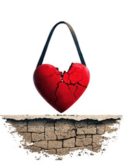Cracked red heart shaped bag symbolizes emotional pain and vulnerability, set against textured ground