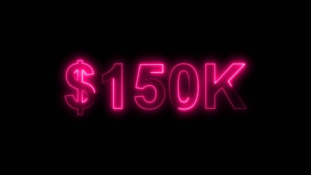 Neon line bright 150k followers isolated magenta red color 4k illustration on black background. Vibrant neon shiny 150k text magenta red color 4k illustration digits for high-resolution. 
