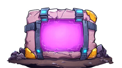 Colorful, stylized treasure chest with glowing purple center, surrounded by rocky debris, evokes sense of adventure and mystery