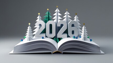 New year 2026 sign emerging from a fantasy open book with a winter forest of colorful Christmas trees and scattered festive ornaments on a neutral gray background, creative concept