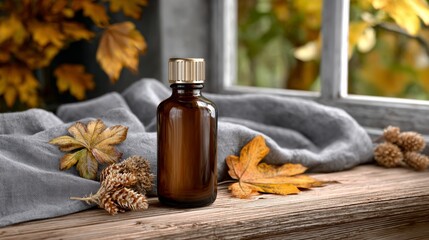 A bottle of amber colored liquid sits on a table next to some leaves. The bottle is made of glass and has a gold cap. The leaves are brown and scattered around the bottle. The scene gives off a warm