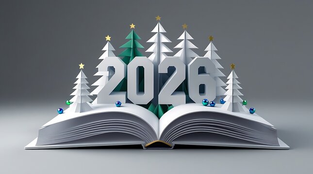 New year 2026 sign emerging from a fantasy open book with a winter forest of colorful Christmas trees and scattered festive ornaments on a neutral gray background, creative concept - Powered by Adobe