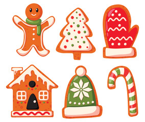 Christmas Gingerbread Cookie Set - Festive Holiday Ginger Biscuits Vector. These charming cartoon illustrations are perfect for holiday menus, greeting cards, stickers, festive social media posts.
