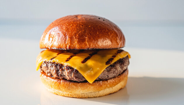 Juicy grilled cheeseburger with melted cheddar on brioche bun.