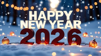 happy new year 2026 glowing bold 3d numbers in snowy landscape with fairy lights and Christmas ornaments, enchanting festive atmosphere, celebratory winter holiday invitation