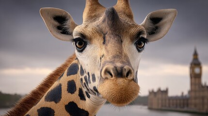 A giraffe is looking at the camera with its head tilted. The background features the Big Ben clock tower
