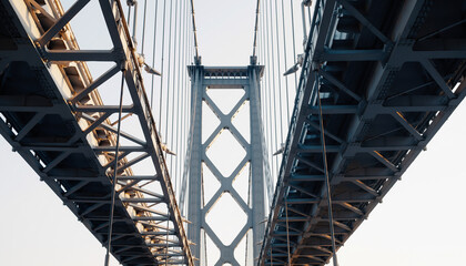 Symmetrical underside view of steel suspension bridge structure.